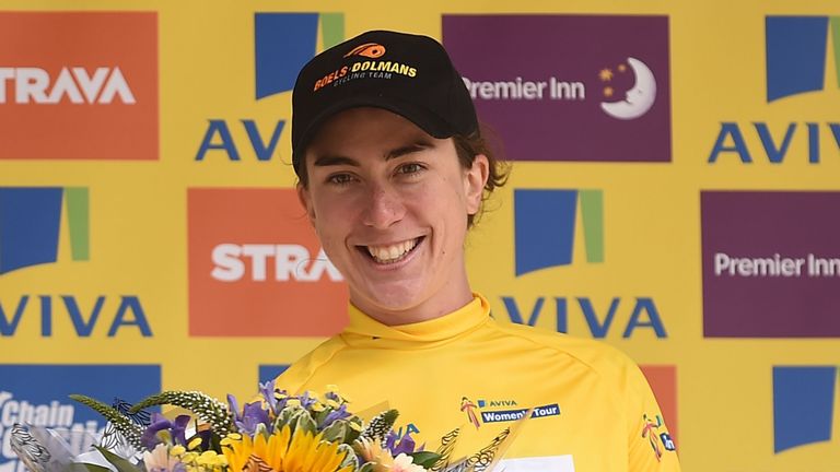 Boels Dolmans' Christine Majerus after being presented with the yellow jersey during Stage Three of the 2015 Aviva Women's Tour of Britain.