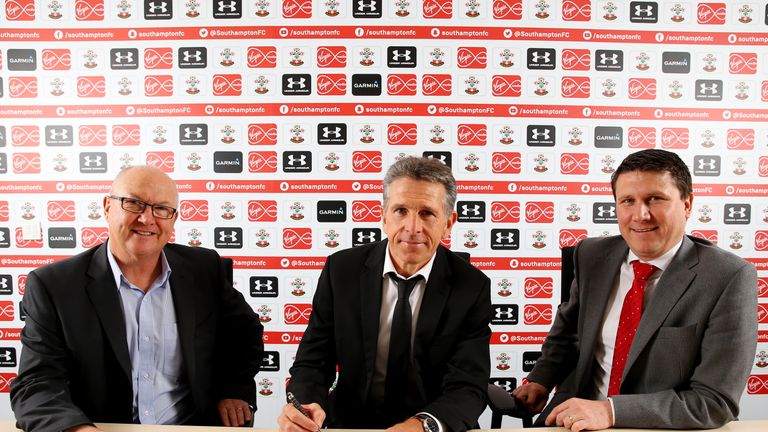 Southampton's new manager Claude Puel, with executive director of football Les Reed (left) and chief executive Gareth Rogers, 29 June 2016