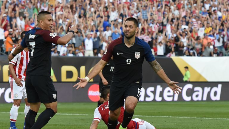 USA's Clint Dempsey celebrates after scoring against Paraguay 