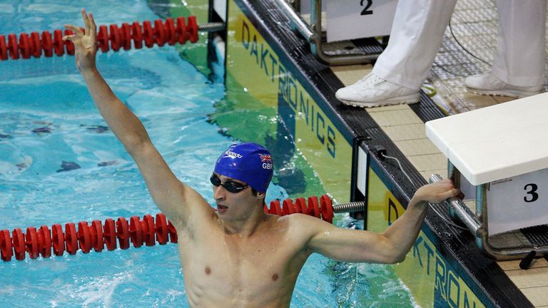 Britain's James Cooke celebrates winning his heat during the men's semi final round at the modern pentathlon European Championships