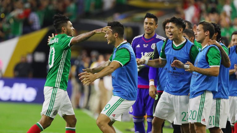 Jesus Manuel Corona celebrates his goal which ensured Mexico avoided Argentina in the last eight of the Copa America