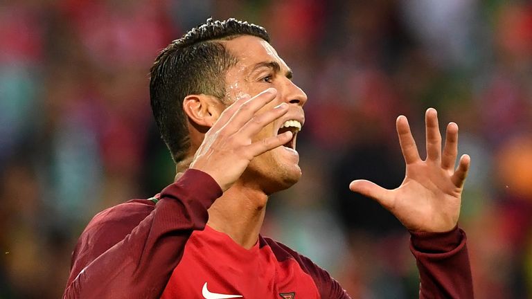 Portugal's forward Cristiano Ronaldo reacts during the Euro 2016 group F football match between Portugal and Iceland at the Geoffroy-Guichard stadium in Sa