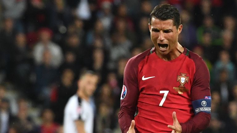 Portugal's forward Cristiano Ronaldo reacts after missing an opportunity on goal during the Euro 2016 group F football match between Portugal and Austria a