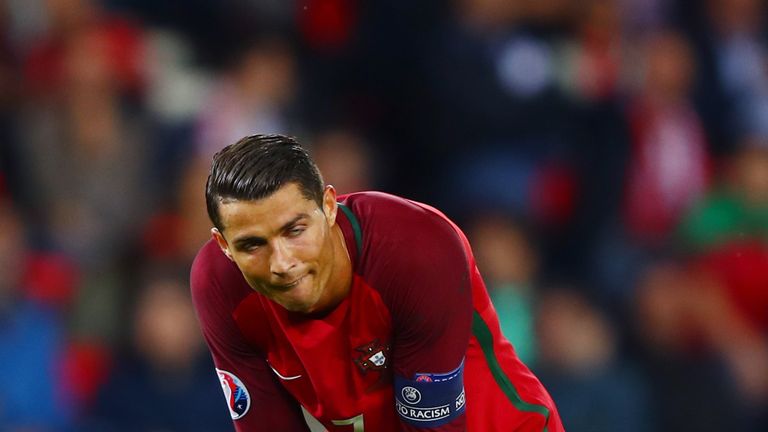 PARIS, FRANCE - JUNE 18:  Cristiano Ronaldo of Portugal reacts after missing a penalty during the UEFA EURO 2016 Group F match between Portugal and Austria