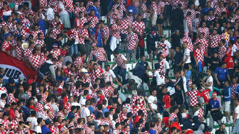 SAINT-ETIENNE, FRANCE - JUNE 17:  Supporters involved in crowed trouble during the UEFA EURO 2016 Group D match between Czech Republic and Croatia at Stade