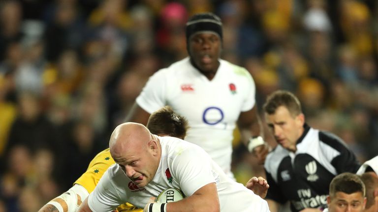 SYDNEY, AUSTRALIA - JUNE 25:  Dan Cole of England dives over for the first try during the International Test match between the Australian Wallabies and Eng