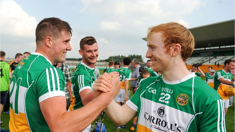 Dan Kelleher and Niall Wynne of Offaly celebrate after the Leinster GAA Hurling Senior Championship Quarter-Final 