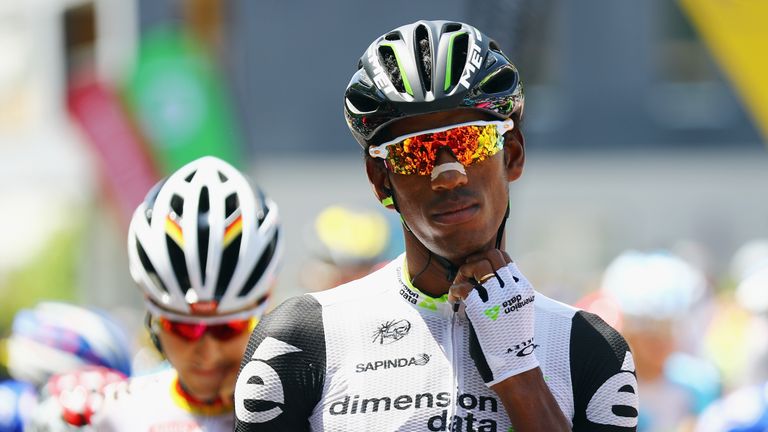 Daniel Teklehaimanot of Eritrea and Team Dimension Data looks on at the start of stage five of the 2016 Criterium du Dauphine