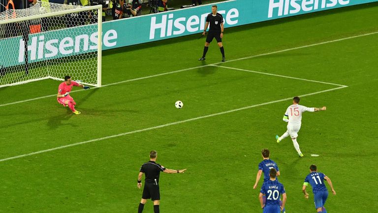 Danijel Subasic of Croatia saves a penalty from Sergio Ramos of Spain