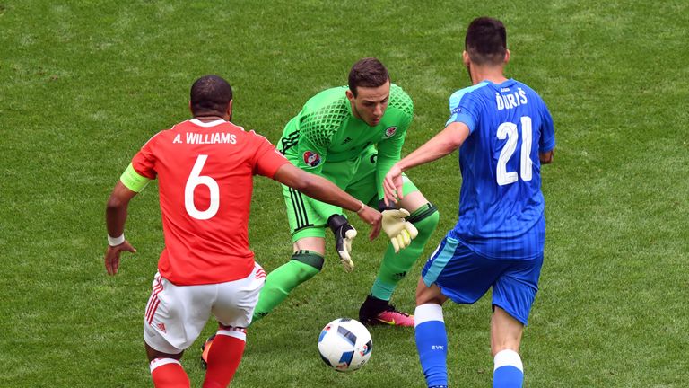 Wales' goalkeeper Danny Ward eyes the ball during the Euro 2016 group B football match between Wales and Slovakia at the Stade de Bordeaux in Bordeaux 
