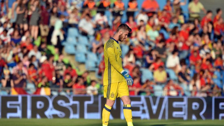 Spain's goalkeeper David de Gea walks on the pitch during the EURO 2016 friendly football match Spain vs Georgia at the Coliseum Alfonso Perez stadium in G