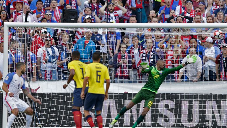 USA's Clint Dempsey (L) scores a header against Ecuador during their Copa America Centenario football tournament quarterfinal match, in Seattle, Washington