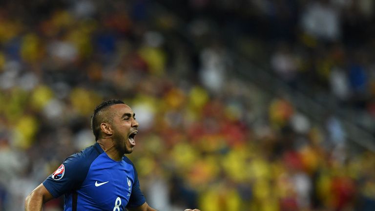 TOPSHOT - France's forward Dimitri Payet celebrates after scoring the 2-1 during the Euro 2016 group A football match between France and Romania at Stade d