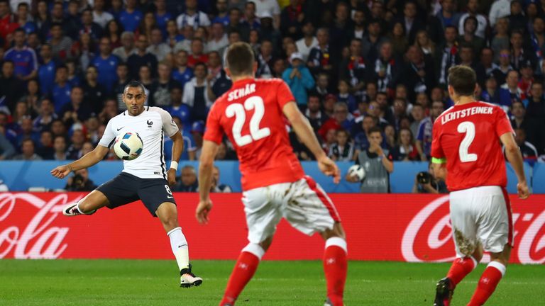 LILLE, FRANCE - JUNE 19: Dimitri Payet of France shoots at goal hitting the cross bar during the UEFA EURO 2016 Group A match between Switzerland and Franc