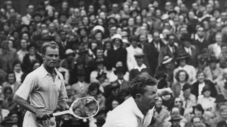 28 Jun 1938:  The American pair Don Budge (foreground) and Gene Mako in action during their doubles match against Borotra and Brugnon of France at Wimbledo