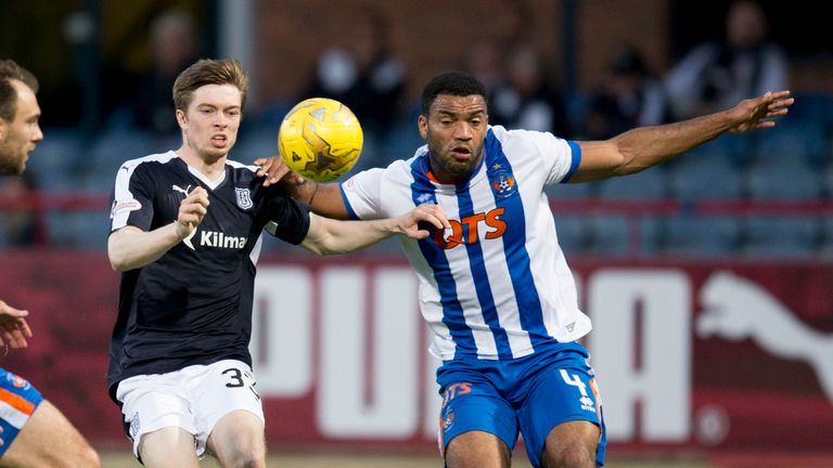 Dundee's Craig Wighton battles for the ball against Kilmarnock's Miles Addison at Dens Park on May 11, 2016