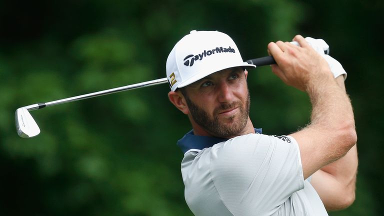 Dustin Johnson watches his tee shot on the 14th hole during the final round of The Memorial Tournament at Muirfield Village Golf Club