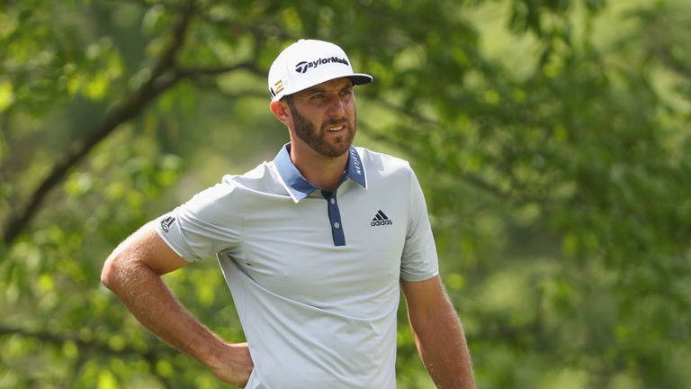 Dustin Johnson waits to hit his tee shot on the fifth hole during the final round of The Memorial Tournament at Muirfield Village