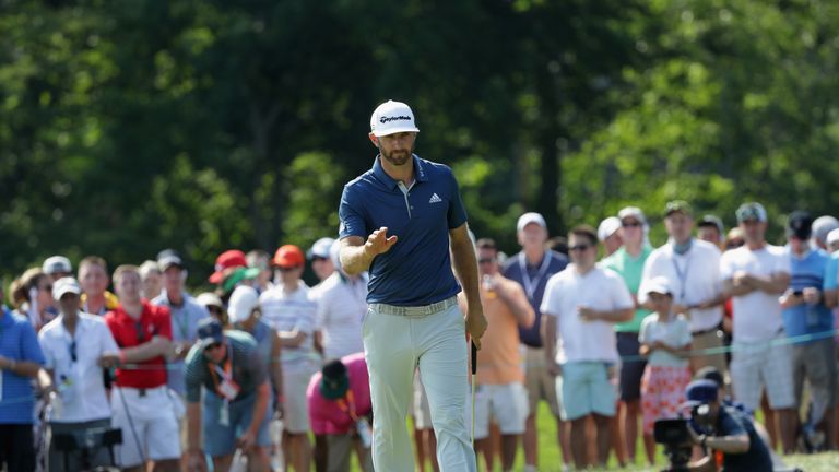 Dustin Johnson of the United States reacts on the sixth green during the final round of the U.S. Open at Oakmont Country Club