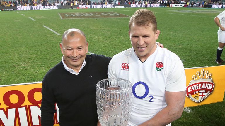 England's coach Eddie Jones, left, celebrates with captain Dylan Hartley after their clean sweep of Australia in their 