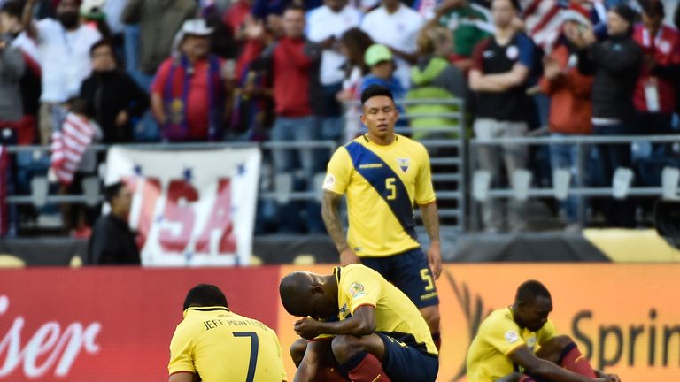 Players of Ecuador show their dejection after being defeated by the United States 2-1 in their Copa America Centenario football tournament quarterfinal mat