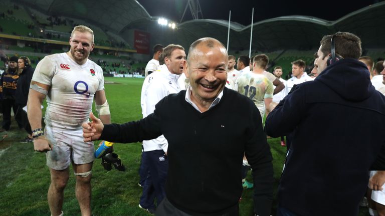 MELBOURNE, AUSTRALIA - JUNE 18:  Eddie Jones, the England head coach, celebrates  after their victory during the International Test match between the Austr