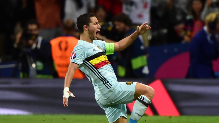 Belgium's forward Eden Hazard celebrates after scoring