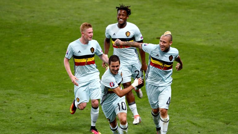 Eden Hazard celebrates after scoring for Belgium against Hungary