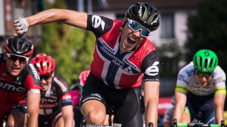 Edvald Boasson Hagen celebrates on the finish line during the fifth stage of the 68th edition of the Criterium du Dauphine 