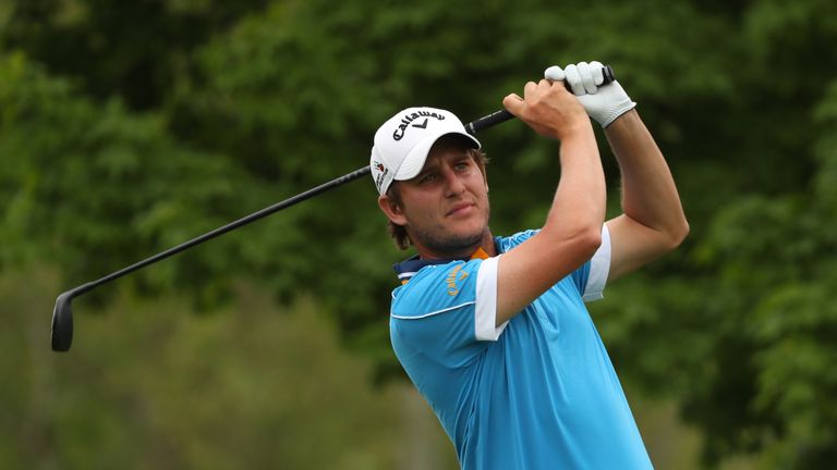 Emiliano Grillo watches his tee shot on the fifth hole during the third round of The Memorial Tournament at Muirfield Village Golf Club