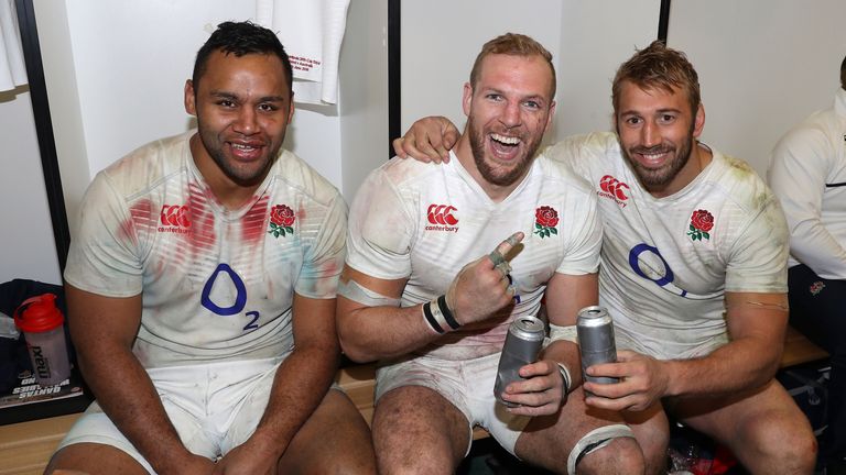 MELBOURNE, AUSTRALIA - JUNE 18:  England's back row forwards, Billy Vunipola, James Haskell and Chris Robshaw celebrate after their victory during the Inte