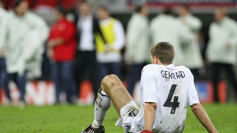 England footballer Steven Gerrard gestures after his team lost 3-2 to Croatia in a Group E Euro 2008 Qualifying game at Wembley, in north London, 21 Novemb