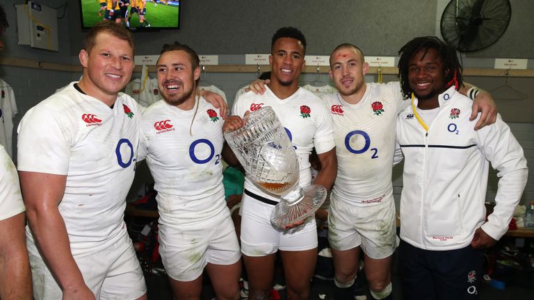 SYDNEY, AUSTRALIA - JUNE 25: (L-R) Dylan Hartley, Jack Nowell, Anthony Watson, Mike Brown and Marland Yarde of England celebrate their victory during the I