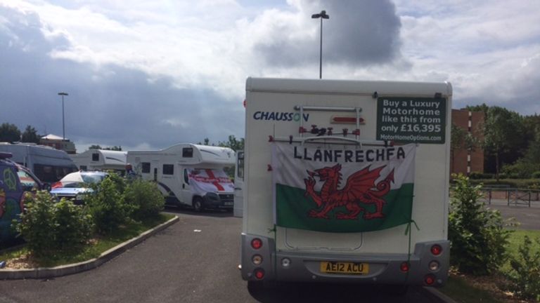 England and Wales fans arriving together at a Lens campsite ahead of their Euro 2016 showdown in the city
