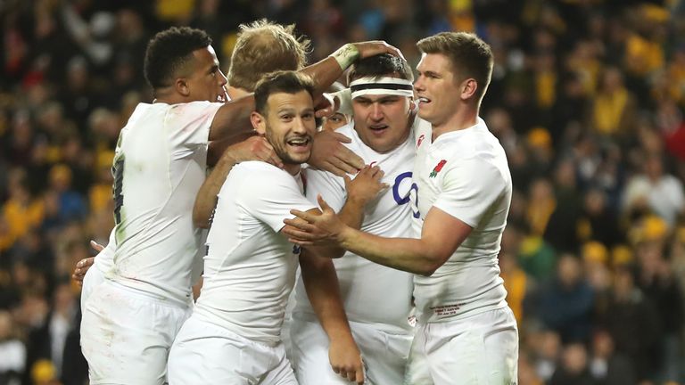 Jamie George of England celebrates with team-mates