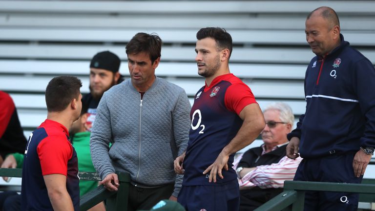 SYDNEY, AUSTRALIA - JUNE 20:  Andrew Johns, (2nd L) the former rugby league international talks to Ben Youngs, Danny Care and  Eddie Jones during the Engla