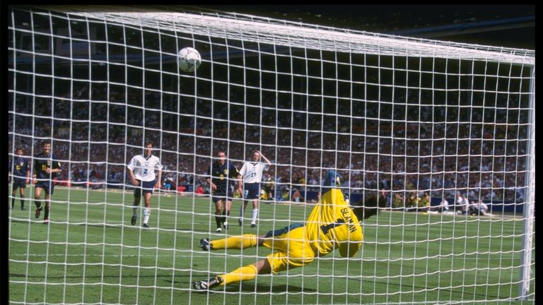 Goalkeeper David Seaman saves a penalty from Gary McAllister during the England v Scotland match in Group A of Euro 1996