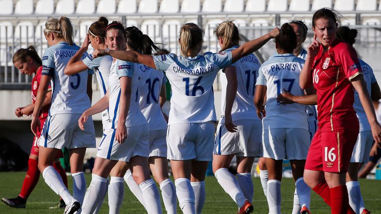 England celebrate during the 7-0 win against Serbia