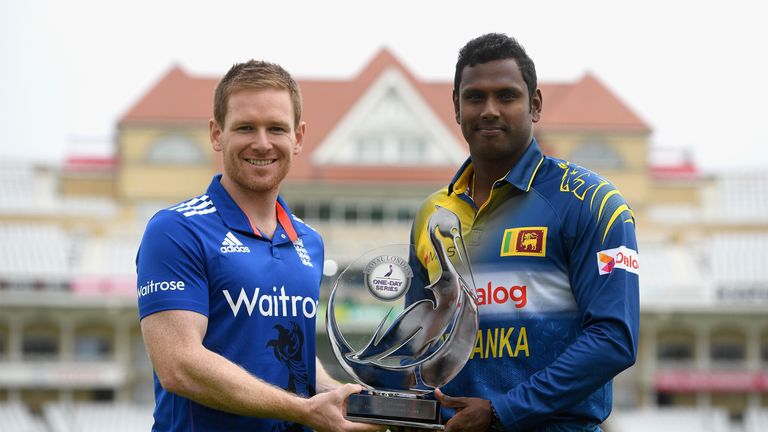 England captain Eoin Morgan and Sri Lanka captain Angelo Mathews hold the Royal London ODI series trophy at Trent Bridge