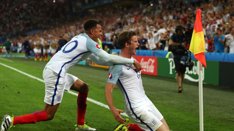 Eric Dier (R) and Dele Alli (L) celebrate England's goal against Russia