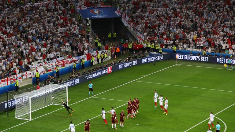 MARSEILLE, FRANCE - JUNE 11:  Eric Dier of England scores his team's first goal from a free kick during the UEFA EURO 2016 Group B match between England an