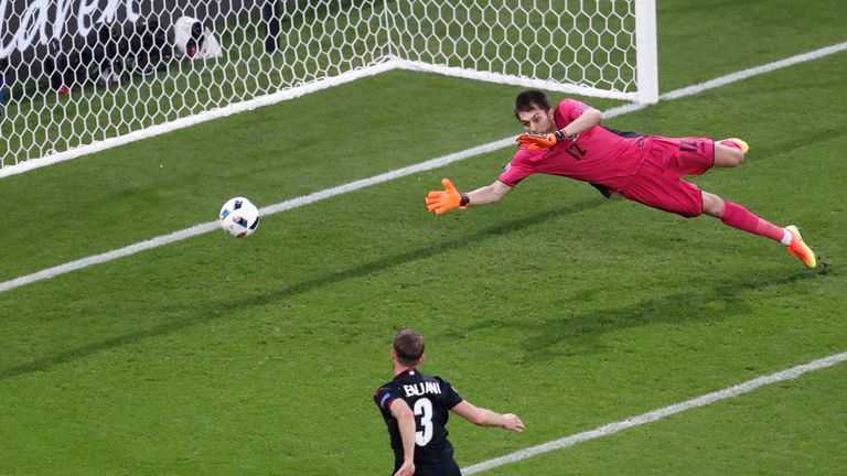 Albania's Ermir Lenjani misses an opportunity to score