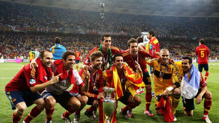 Andres Iniesta, Cesc Fabregas, Gerard Pique, Sergio Busquets, Xavi Hernandez, Jordi Alba, Victor Valdes and Pedro of Spain