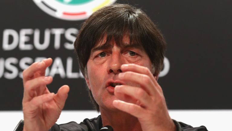 EVIAN-LES-BAINS, FRANCE - JUNE 18:  Joachim Loew, head coach of the German national team talks to the media during a Germany press conference at Ermitage E