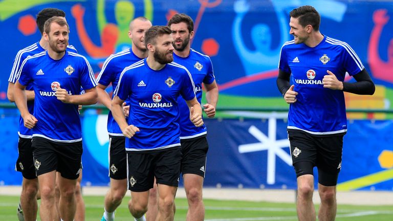 Northern Ireland players during a training session at Saint-George-de-Reneins.