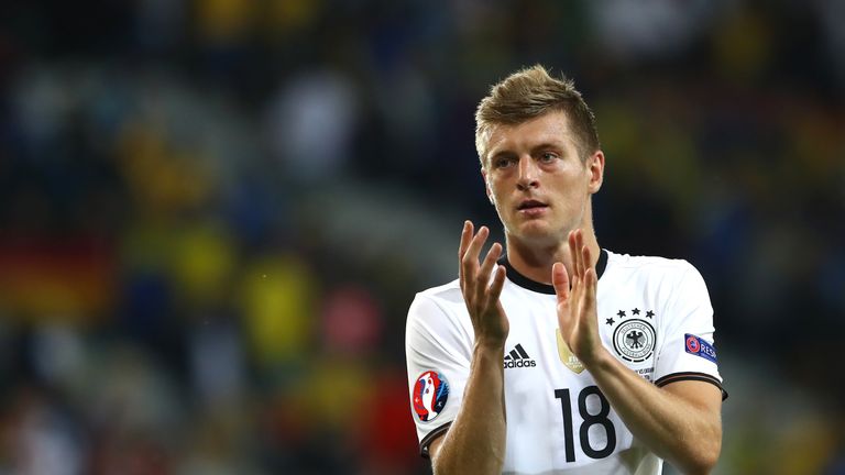 Toni Kroos of Germany applauds the supporters after his team's 2-0 win in the UEFA EURO 2016 Group C match
