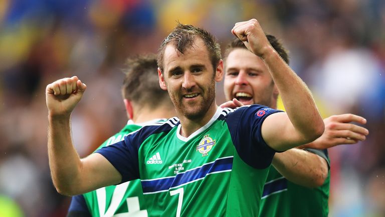 Niall McGinn of Northern Ireland celebrates scoring his team's second goal during the UEFA EURO 2016 Group C match against Ukraine