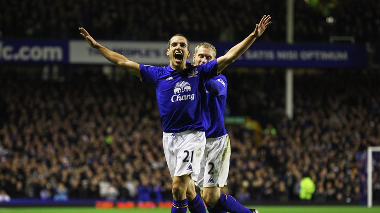 Leon Osman of Everton celebrates his goal with Tony Hibbert during the Barclays Premier League match between Everton and