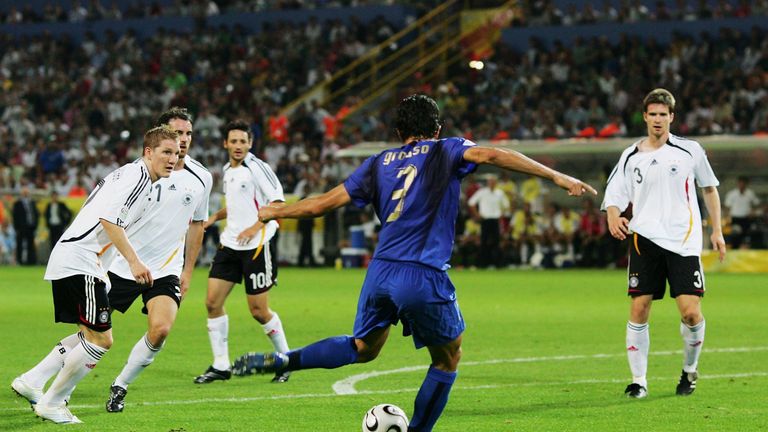 DORTMUND, GERMANY - JULY 04:  Fabio Grosso of Italy scores his team's first goal in extra time during the FIFA World Cup Germany 2006 Semi-final match betw
