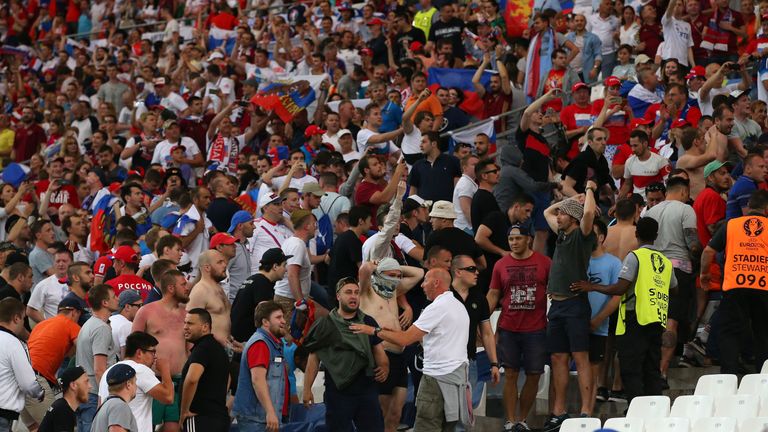 MARSEILLE, FRANCE - JUNE 11:  Fans clash after the UEFA EURO 2016 Group B match between England and Russia at Stade Velodrome on June 11, 2016 in Marseille